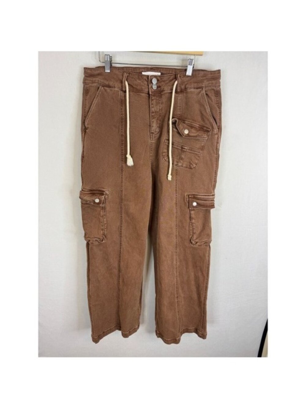 Risen Jeans Brown Cargo Wide Leg Pants Double Button Drawstring RDP5492X 2XL